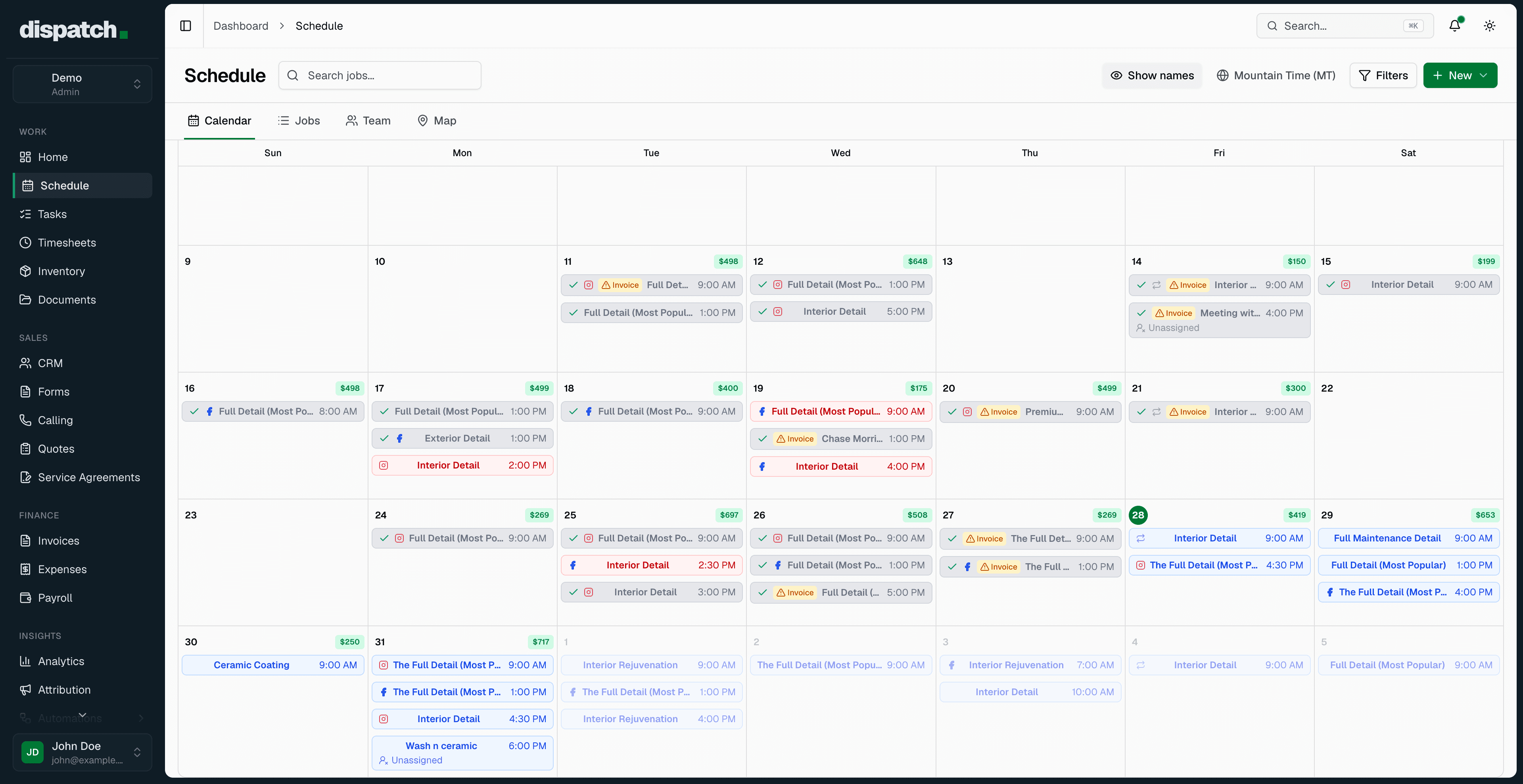 Dispatch schedule with daily revenue and booked jobs